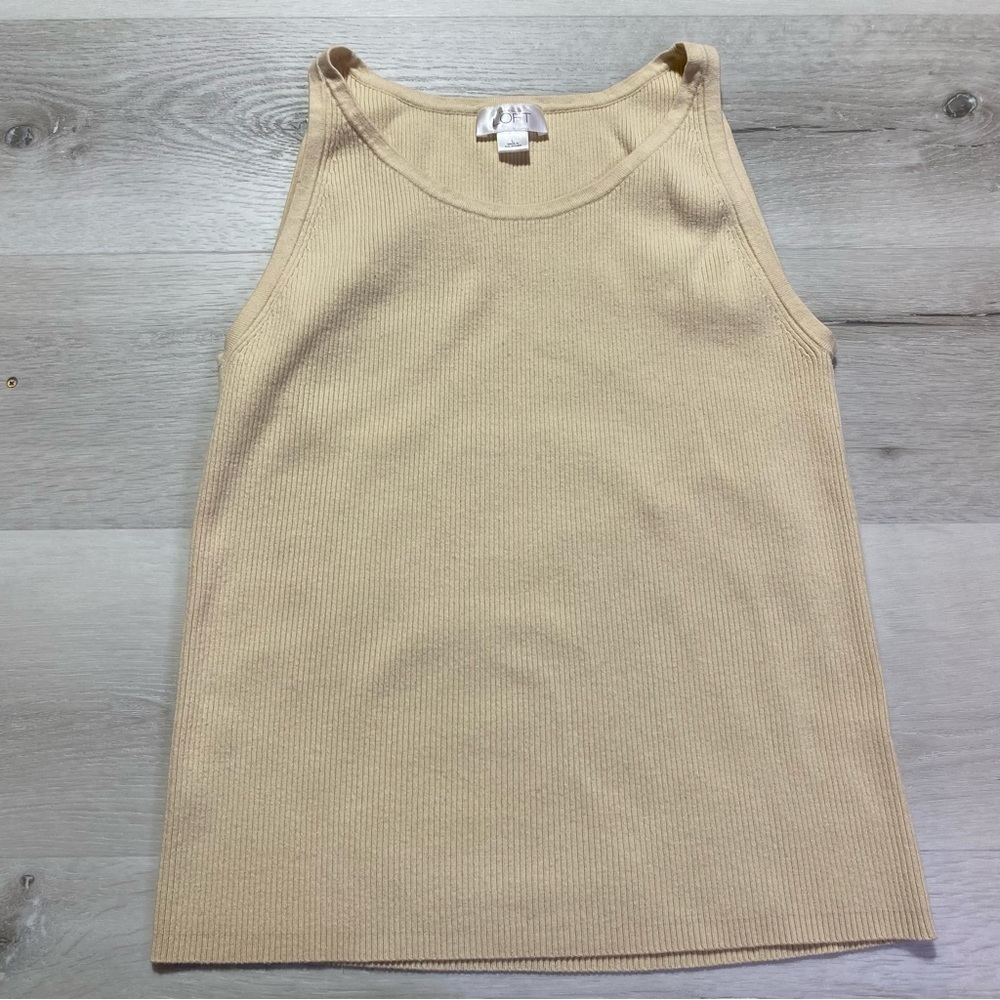 LOFT Cream High Neck Sleeveless Ribbed Sweater Tank, size L